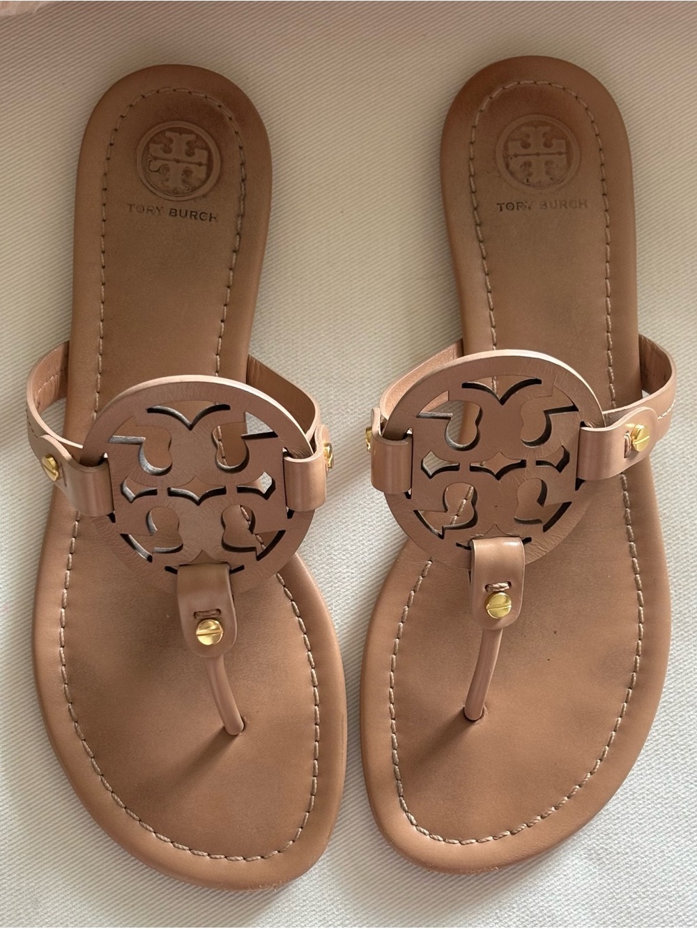 Tory Burch Nude/Camel Miller Logo Thong Sandals - Picture 3 of 5
